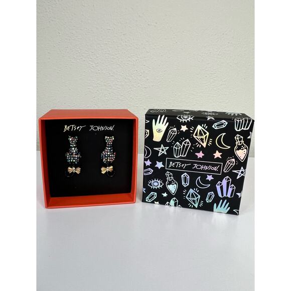 Betsey Johnson Kitty Cat Black Iridescent Pave Rhinestone Earrings in Gift Box - Picture 1 of 3